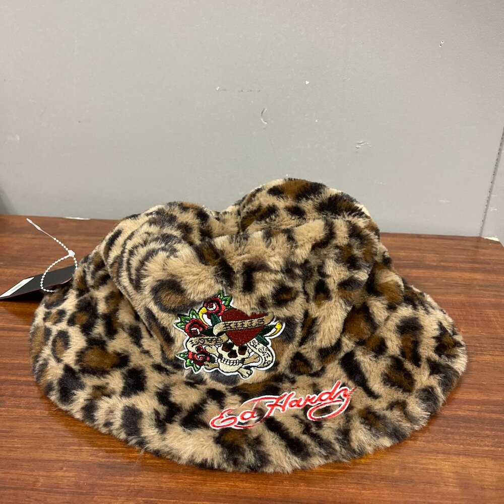 Ed Hardy 'Love Kills Slowly' Tattoo Cheetah Faux Fur Bucket Hat NWT
